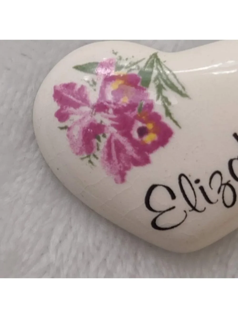 Vintage Quality Gifts Elizabeth Ceramic Heart Name Pin Pink Purple Floral